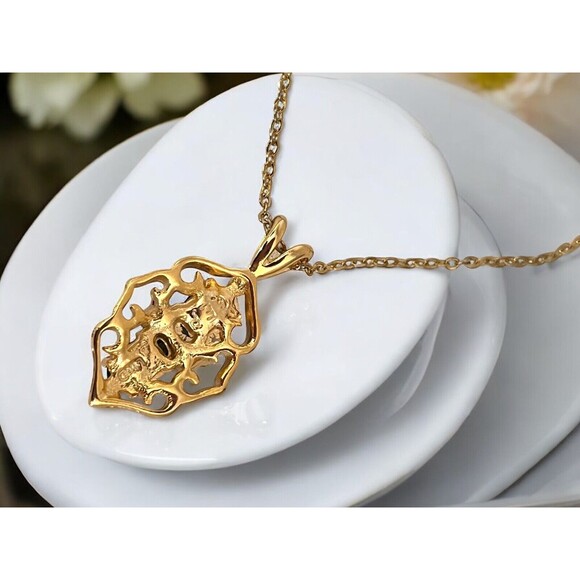 Vintage Pendant Necklace Jade Clear Crystals Gold Tone 7V - Picture 6 of 6